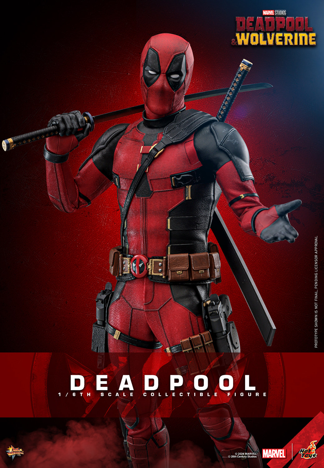 Deadpool sixth-scale figure by Hot Toys holding a sword — collector edition prototype