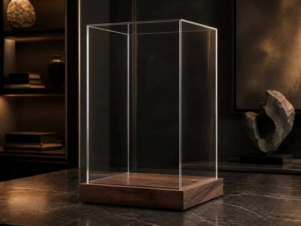 Representative clear acrylic display case on a dark wood base