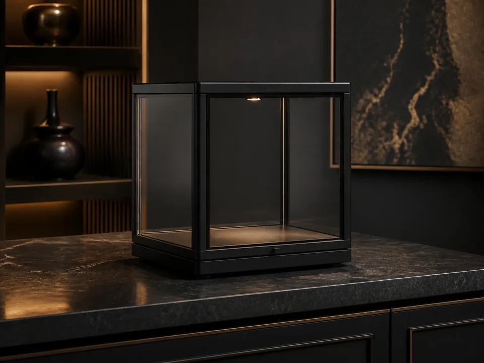 Representative black aluminum countertop glass display case