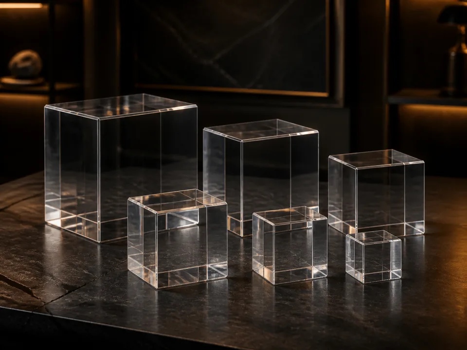 Representative set of six graduated clear acrylic cube risers