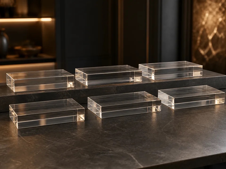 Representative set of six clear rectangular acrylic risers