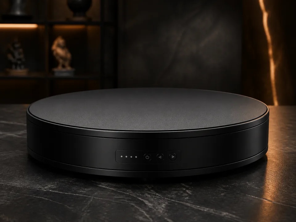 Representative black motorized rotating display turntable