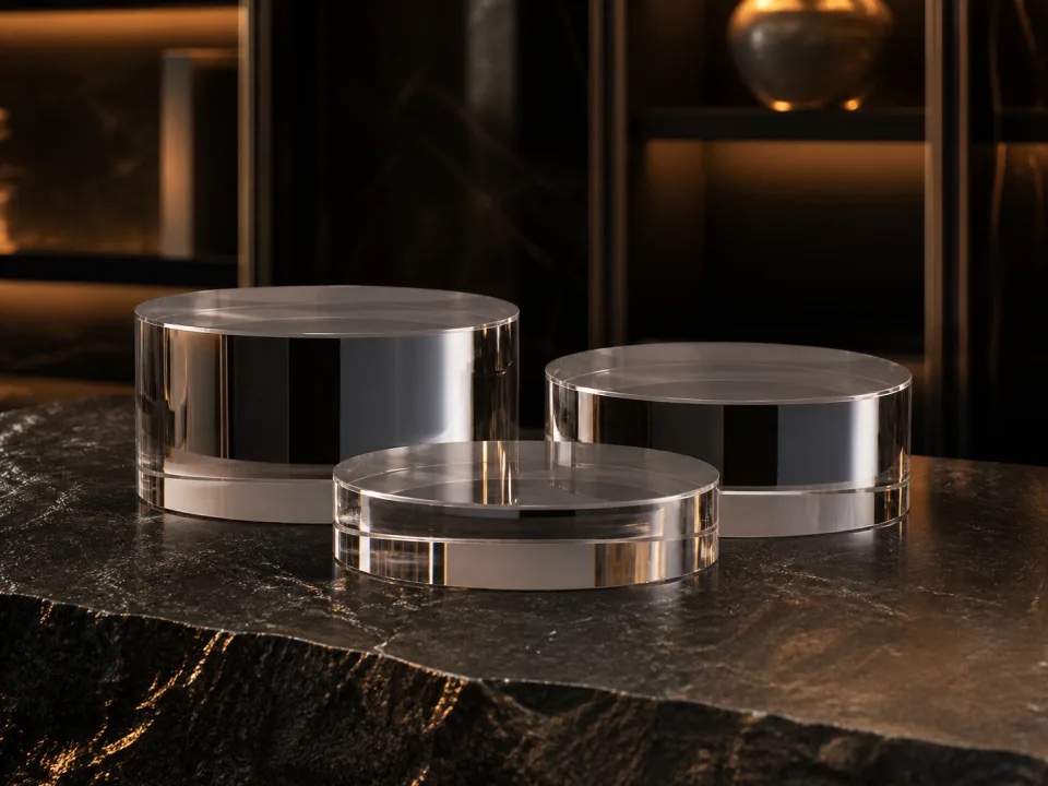 Representative set of three clear round acrylic risers