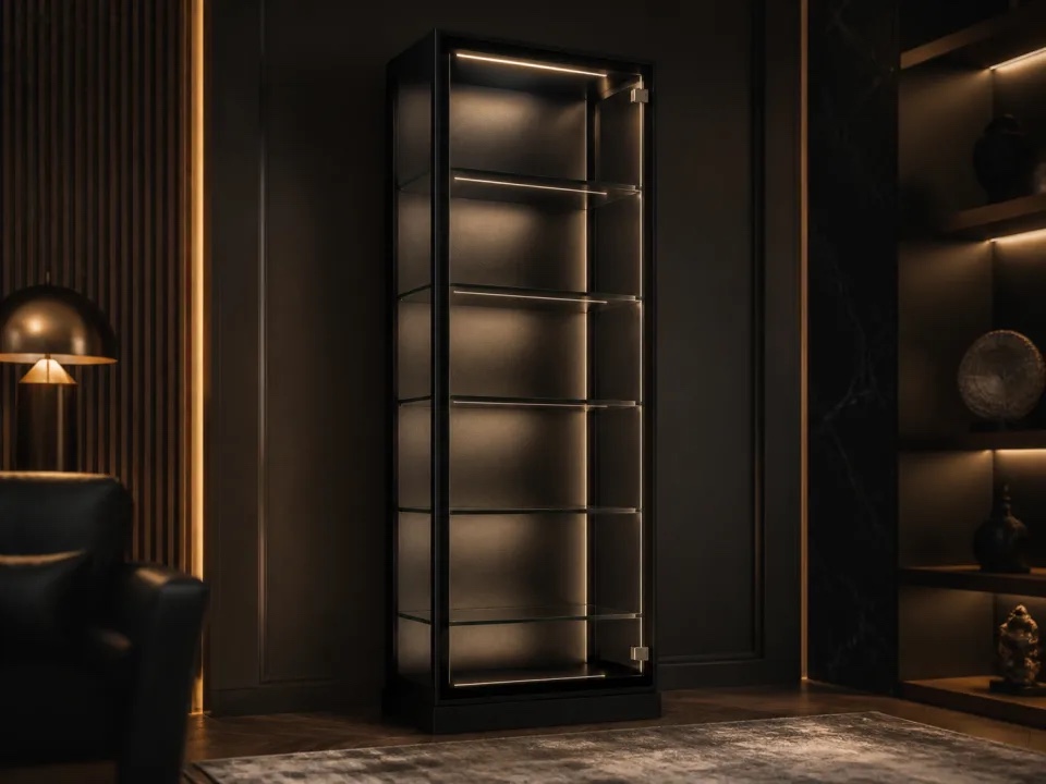 Representative tall black glass display cabinet in a luxury collector room