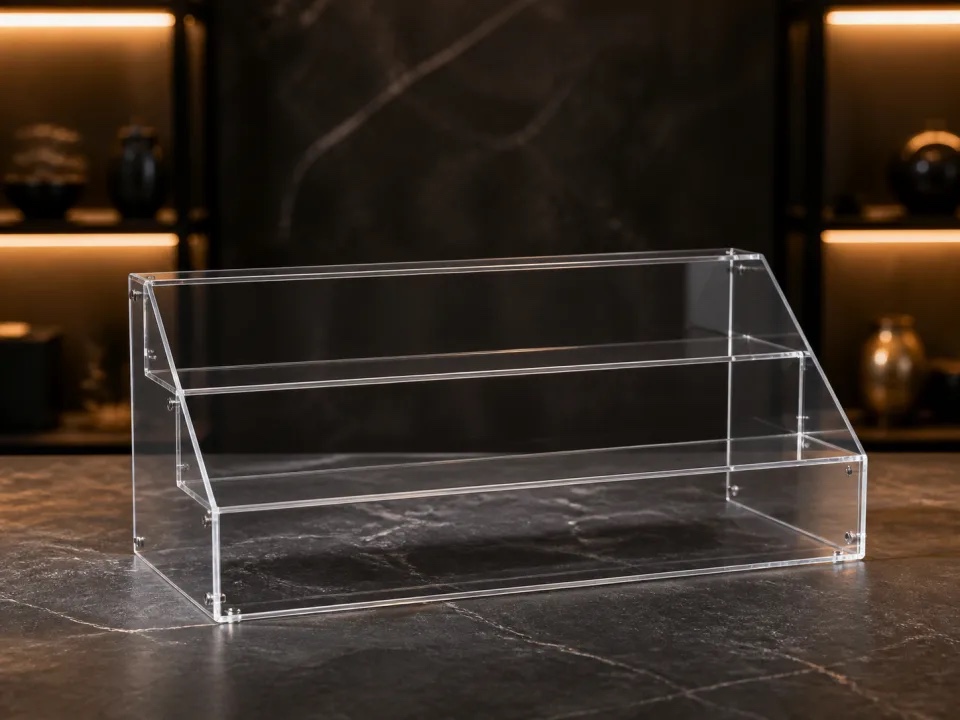 Representative clear acrylic three-tier countertop display stand