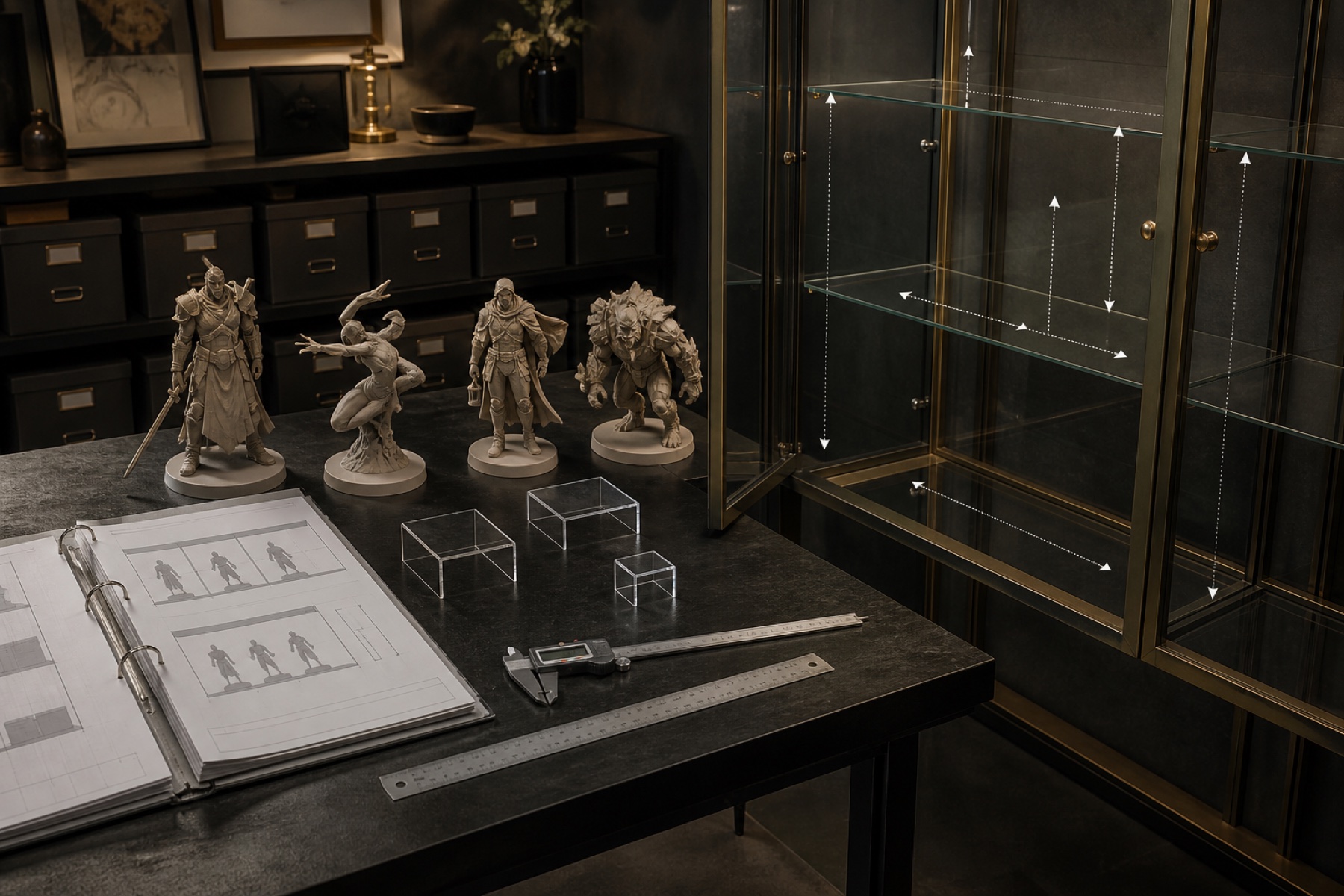 Collector planning statue width, depth, overhead clearance and riser placement beside an empty display cabinet