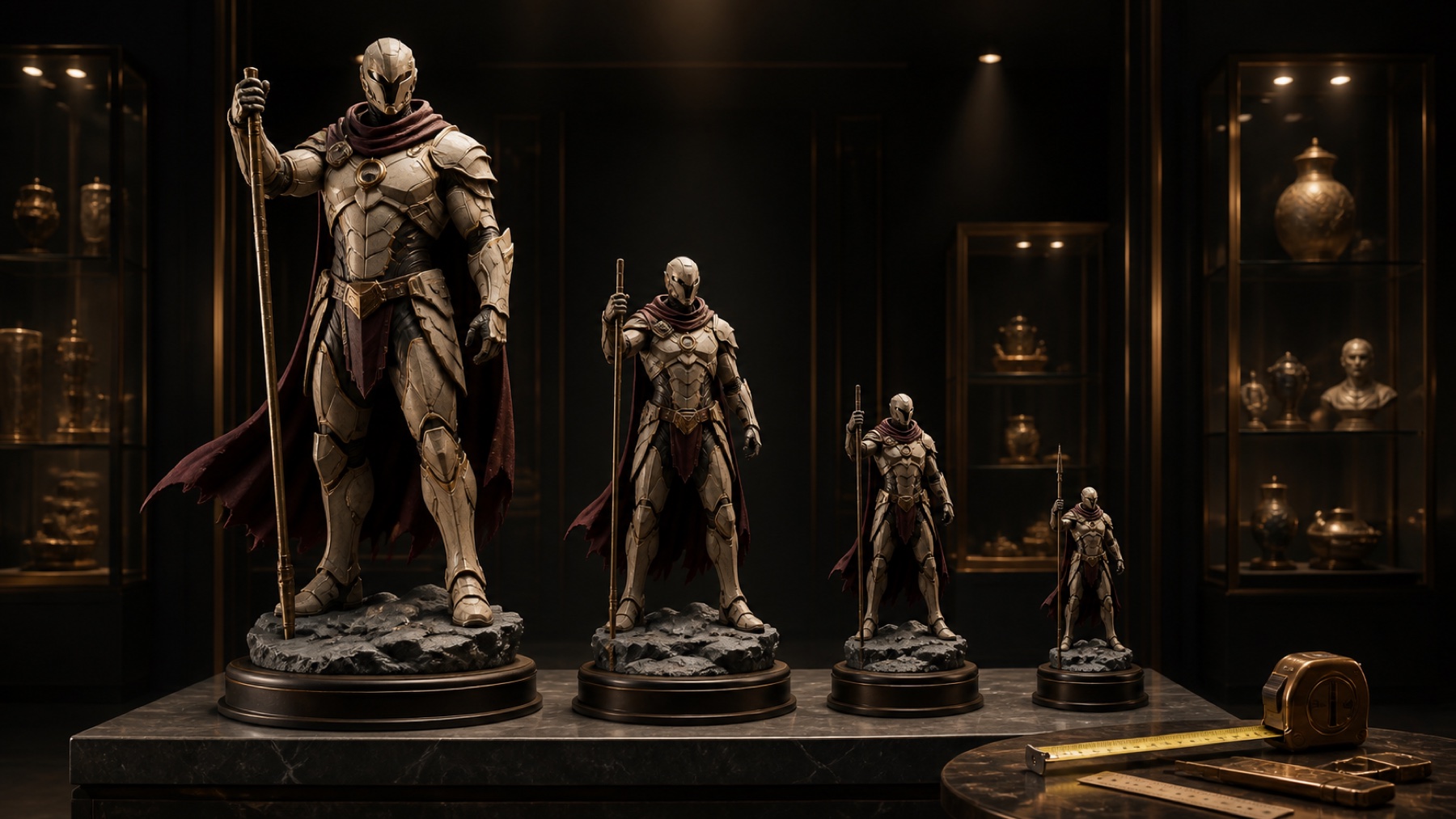 Four original fictional collectible statues arranged from quarter scale to one-twelfth scale in a luxury museum gallery