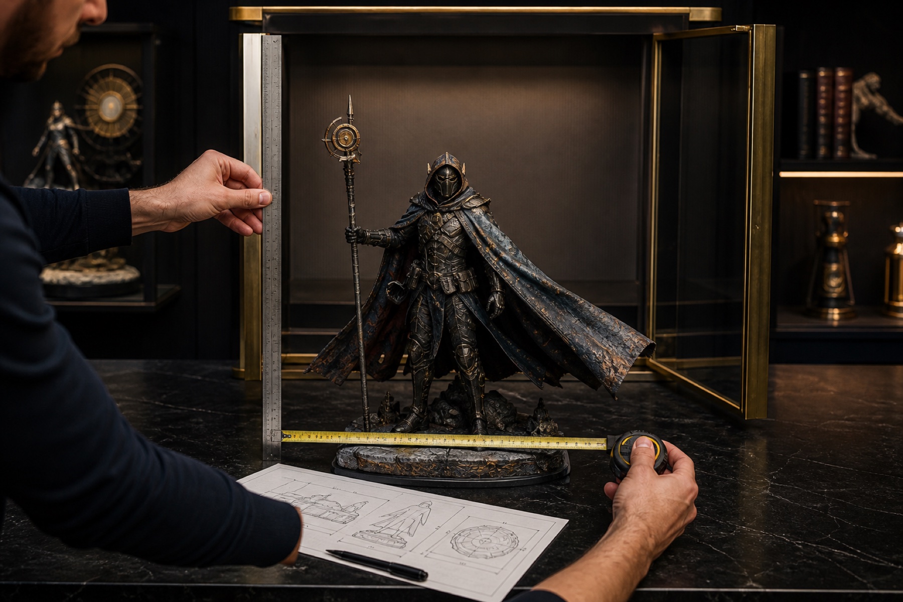 Collector measuring the height, base width and cape clearance of a fictional one-sixth-scale figure before display