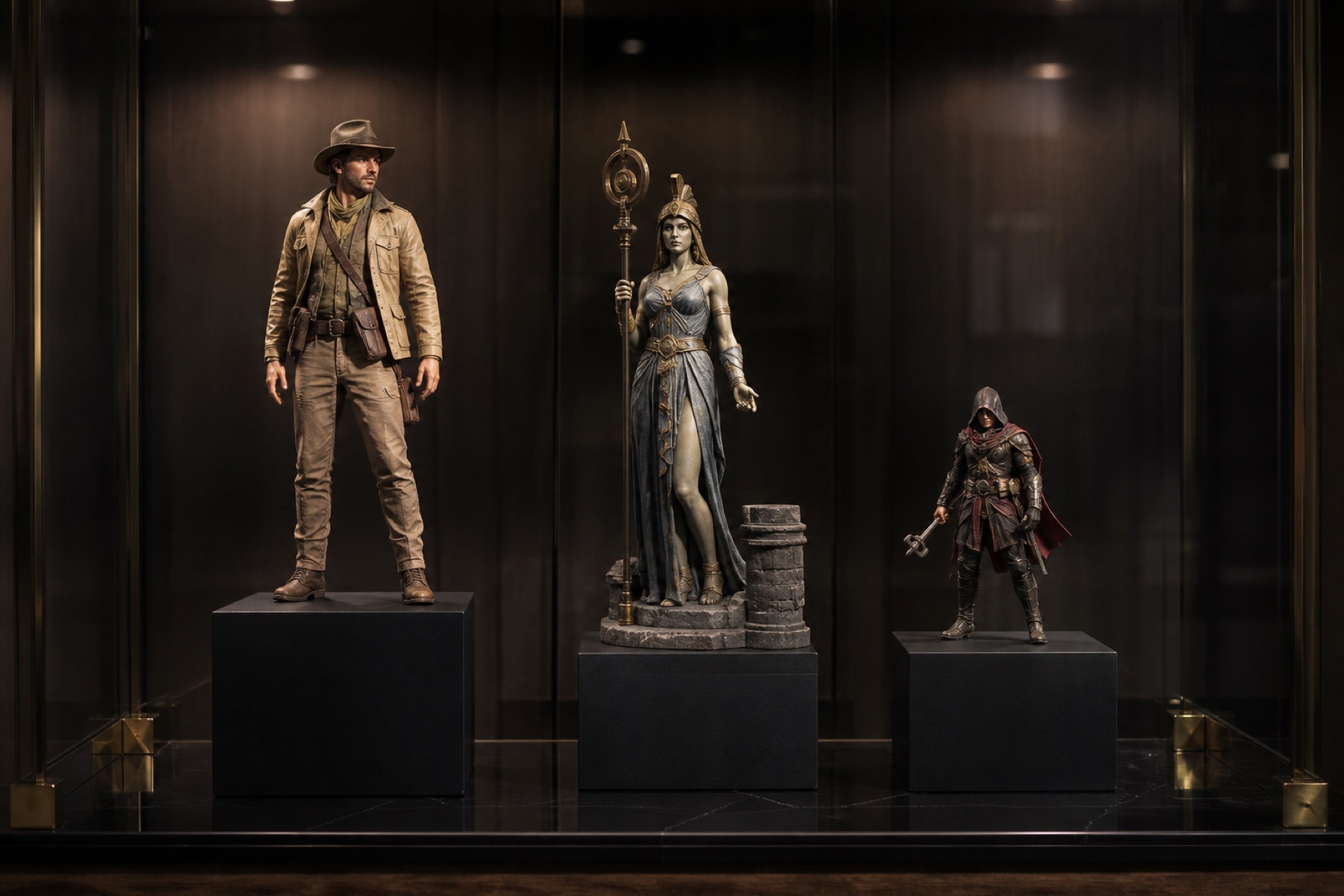 Three fictional unbranded collectibles in different materials and surface finishes displayed on separate plinths inside a glass cabinet