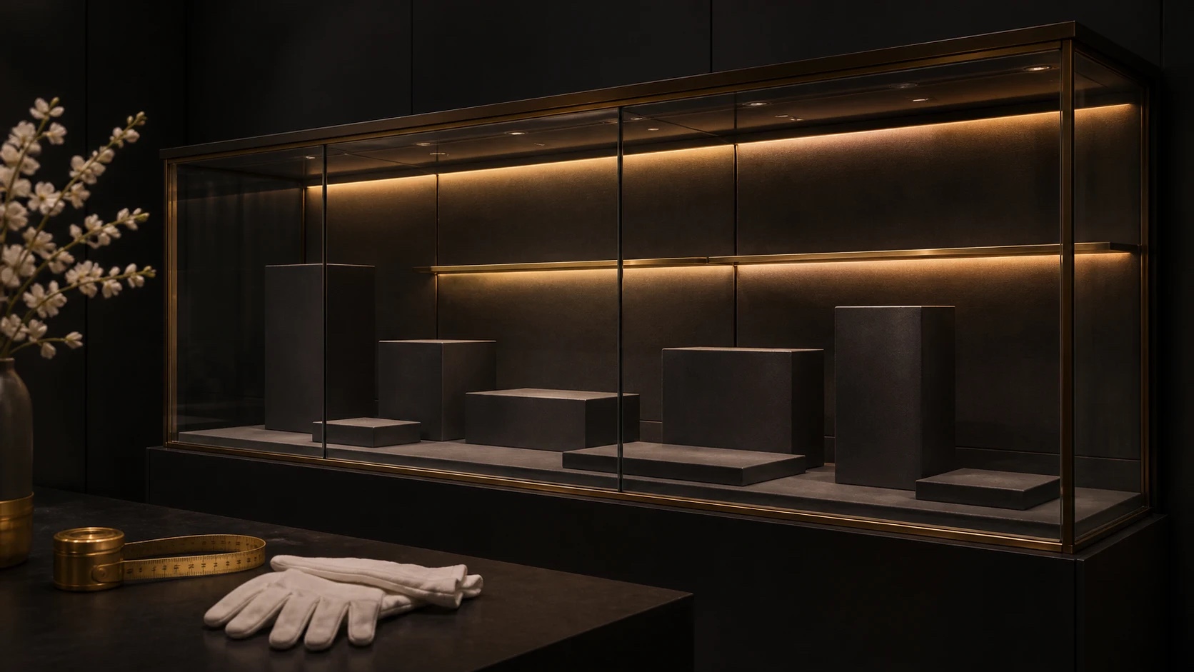 Editorial illustration of a museum-like glass display cabinet with empty illuminated plinths and measuring tools