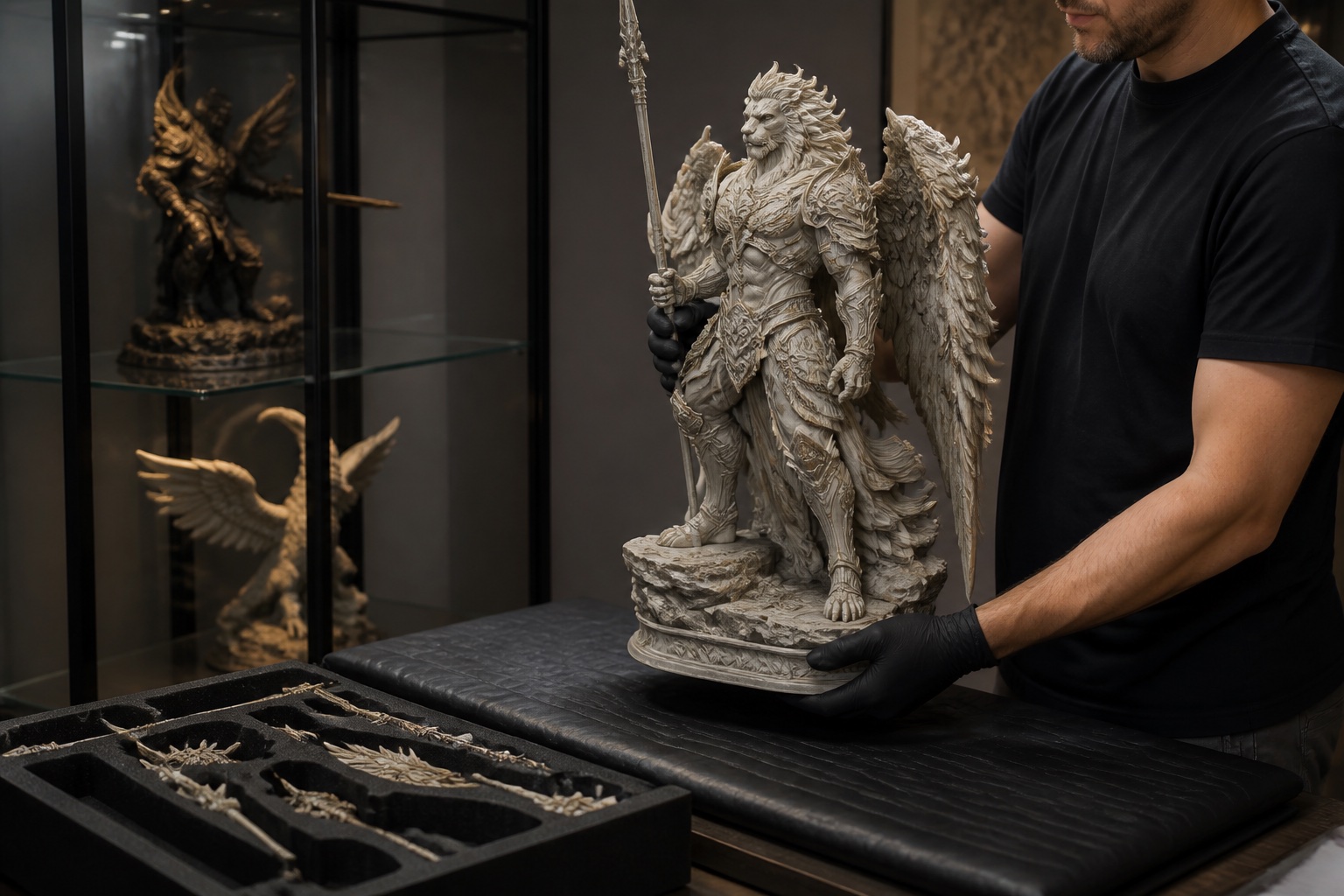 Collector using two hands to move a large resin statue over a padded table with accessories secured in a compartment tray
