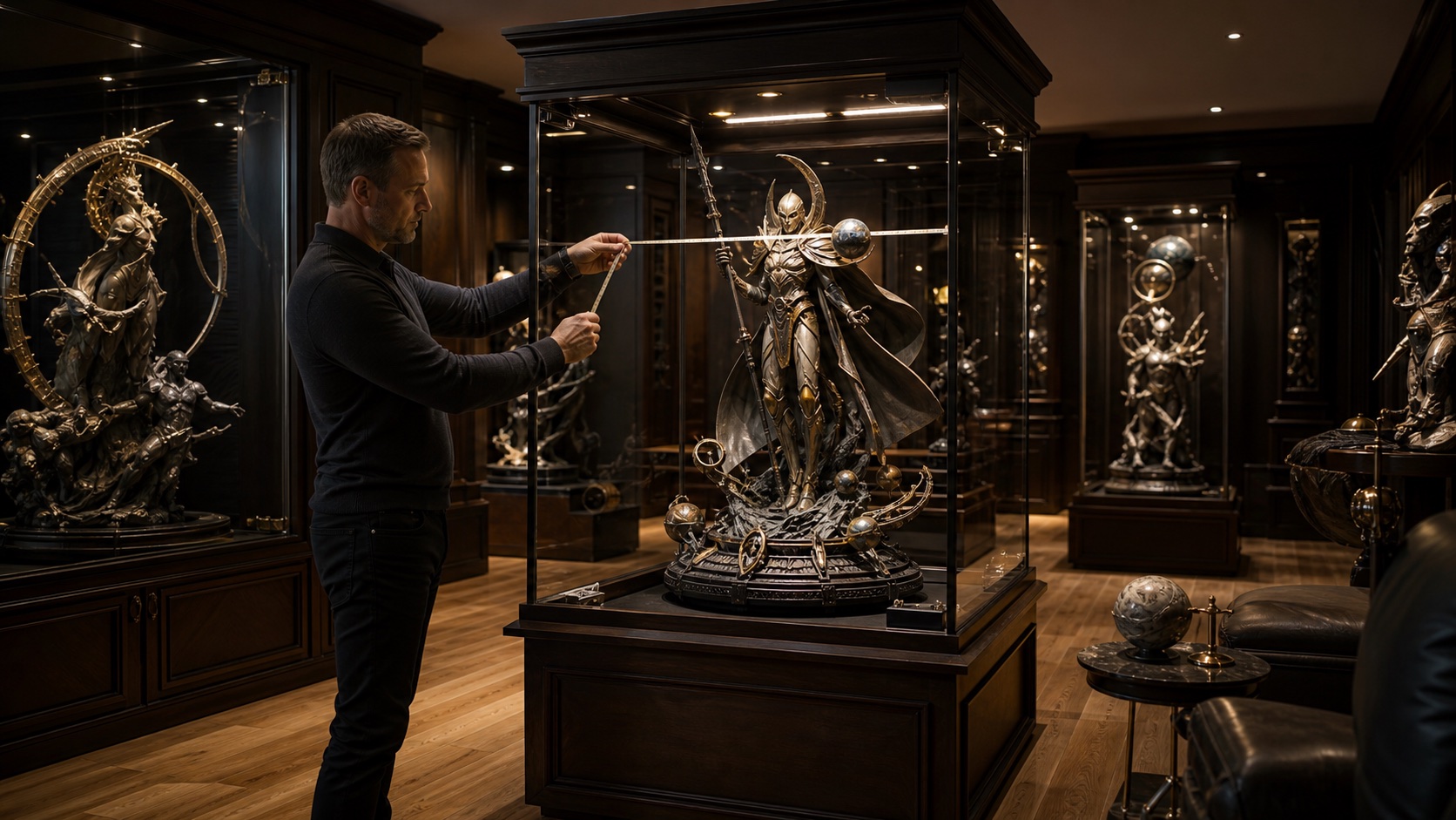 Collector measuring clearance around a premium statue inside a luxury glass display cabinet