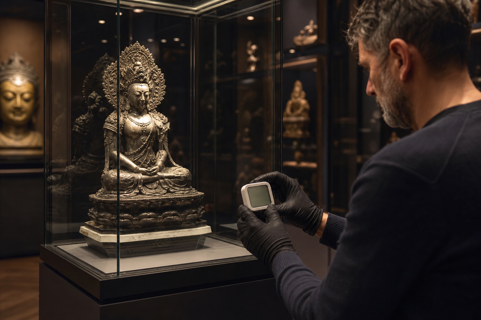 Collector monitoring temperature and relative humidity beside a premium statue display case
