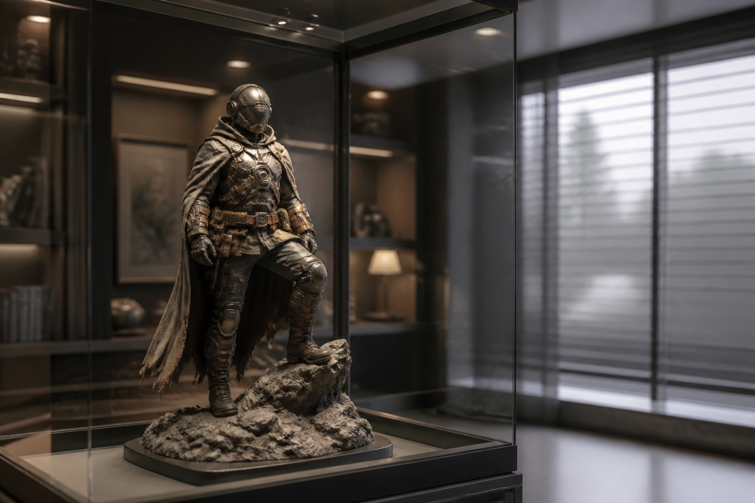 Premium resin statue protected from direct sunlight inside a glass display cabinet with low-heat LED lighting