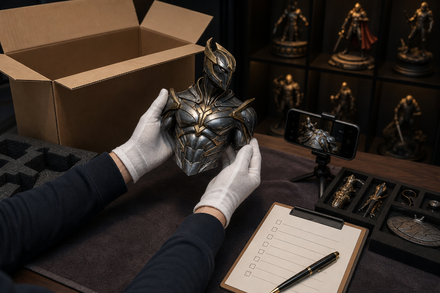 Collector wearing clean gloves documents and inspects a fictional unbranded premium statue over a padded worktable