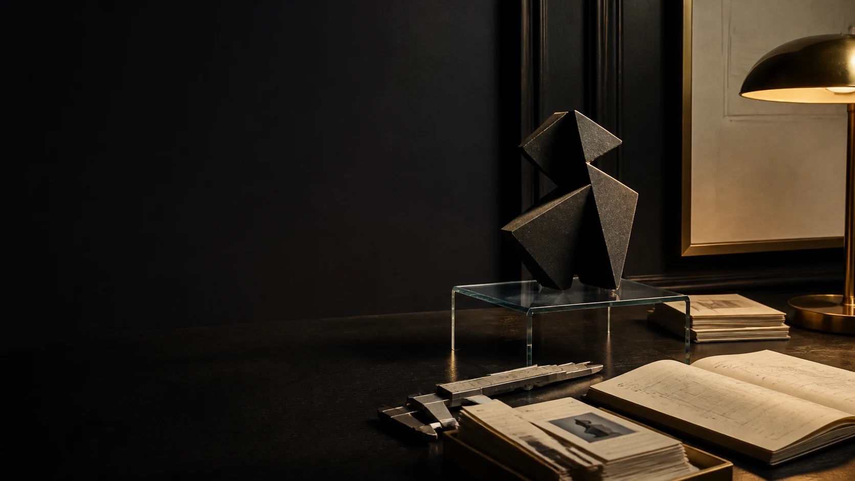Abstract geometric sculpture being measured at a museum-style research desk
